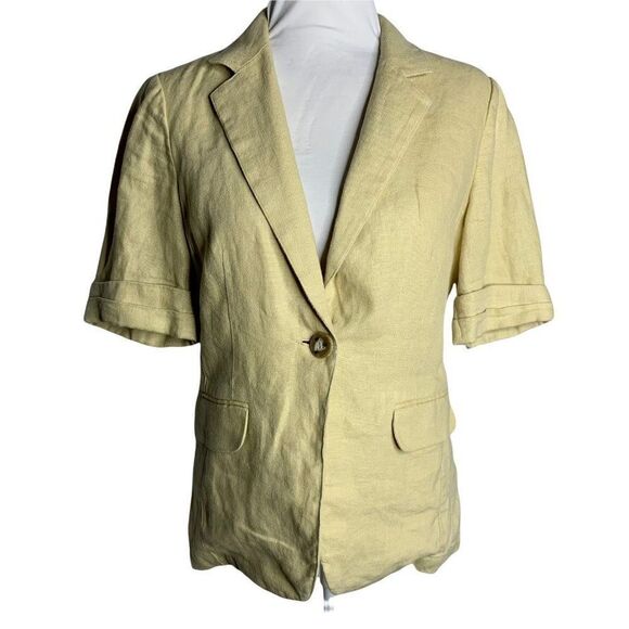 Vintage CAbi Short Sleeve Blazer Jacket S Beige Linen One Button Pockets Ruffle - Picture 1 of 6